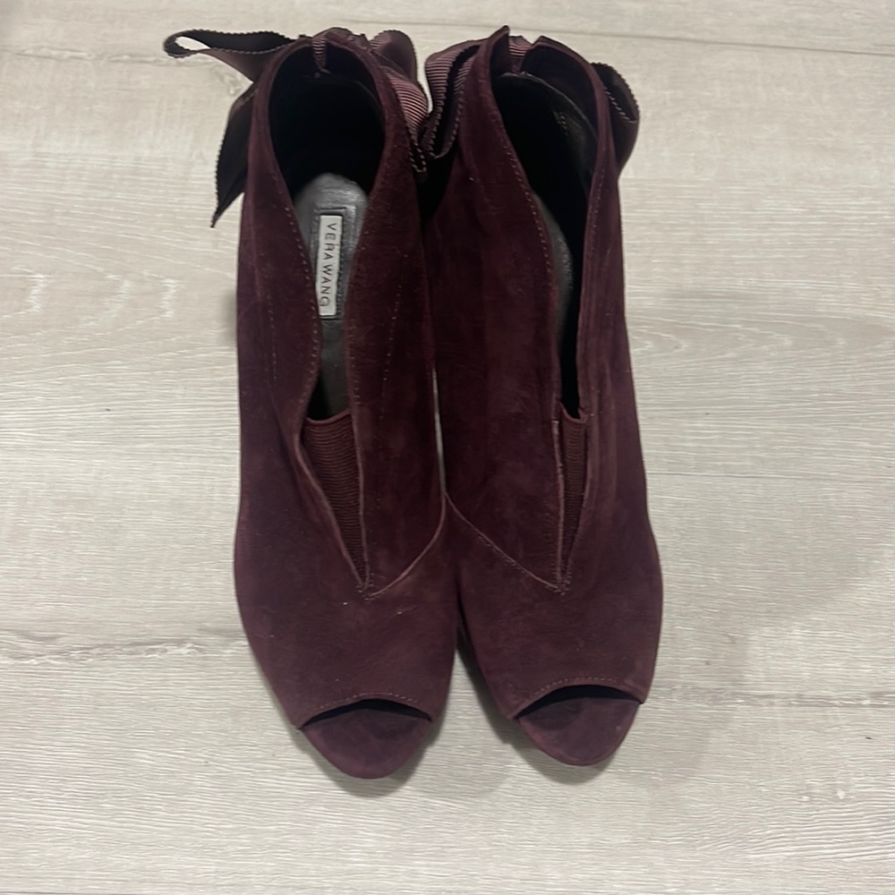 Authentic Vera Wang Royce Peep Toe Purple Booties w/ Ankle Bow | Size 36.5 EU